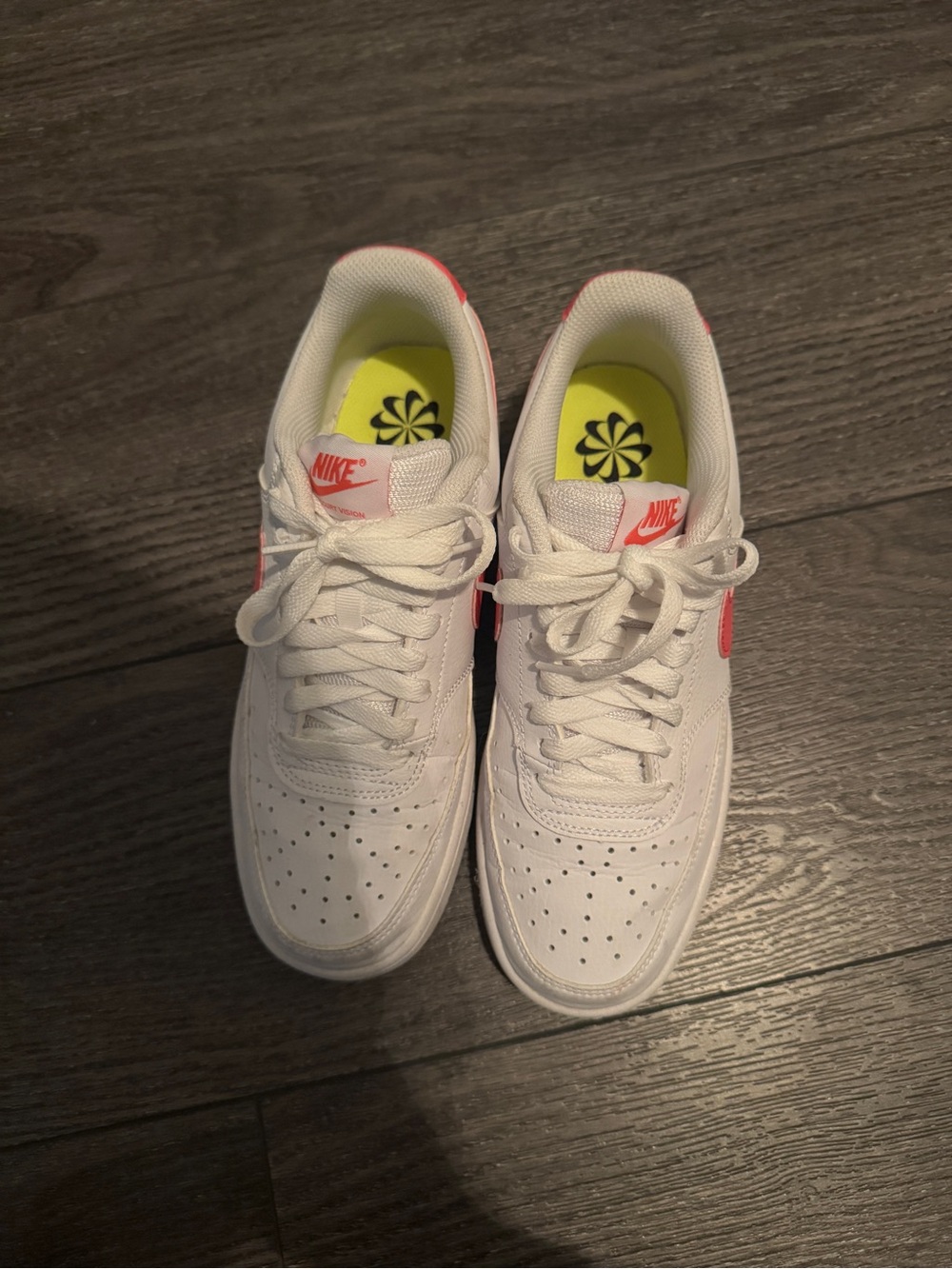 Nike White Sneakers with Pink Accents and Neon Yellow Insoles